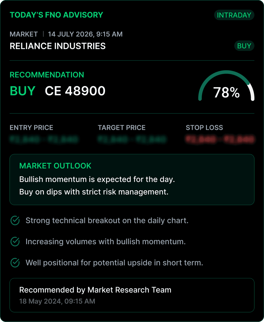StockYaari F&O advisory showing futures and options trade recommendations